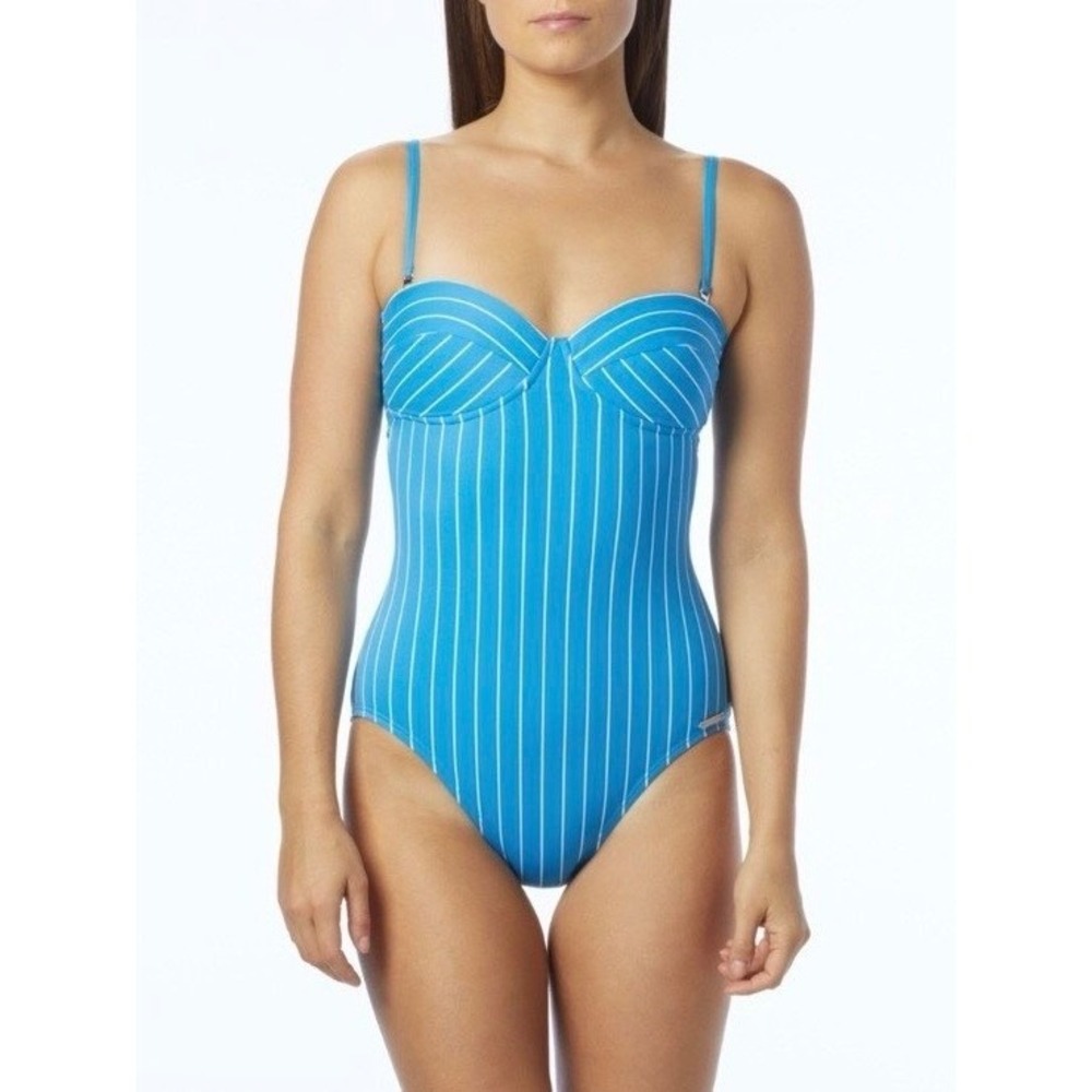 Vince Camuto Pinstripe One Piece Swimsuit Womens 12 Misty Blue Beach Resort NEW